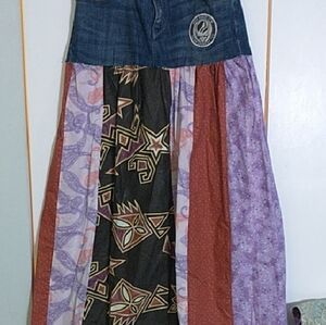 Bohemian Patchwork Maxi Skirt - Denim Waist, Multi-Color